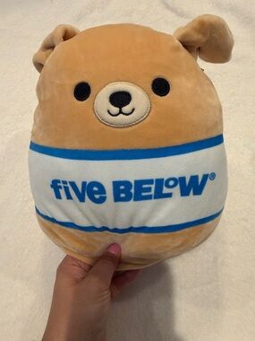 Squishmallows Tan Bear with Blue and White 'five BELOW' Shirt